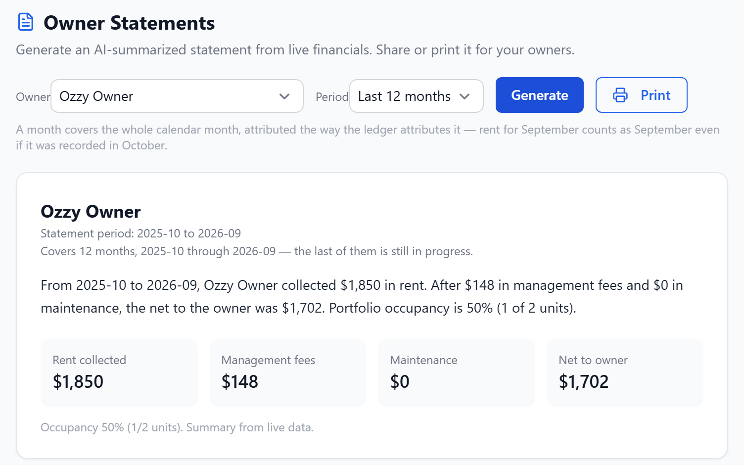 Forge's Owner Statements page with an owner and a 12-month period selected: the generated statement reads that the owner collected $1,850 in rent, paid $148 in management fees and $0 in maintenance, net to owner $1,702, occupancy 50% (1 of 2 units), with the four figures repeated as tiles below the summary.